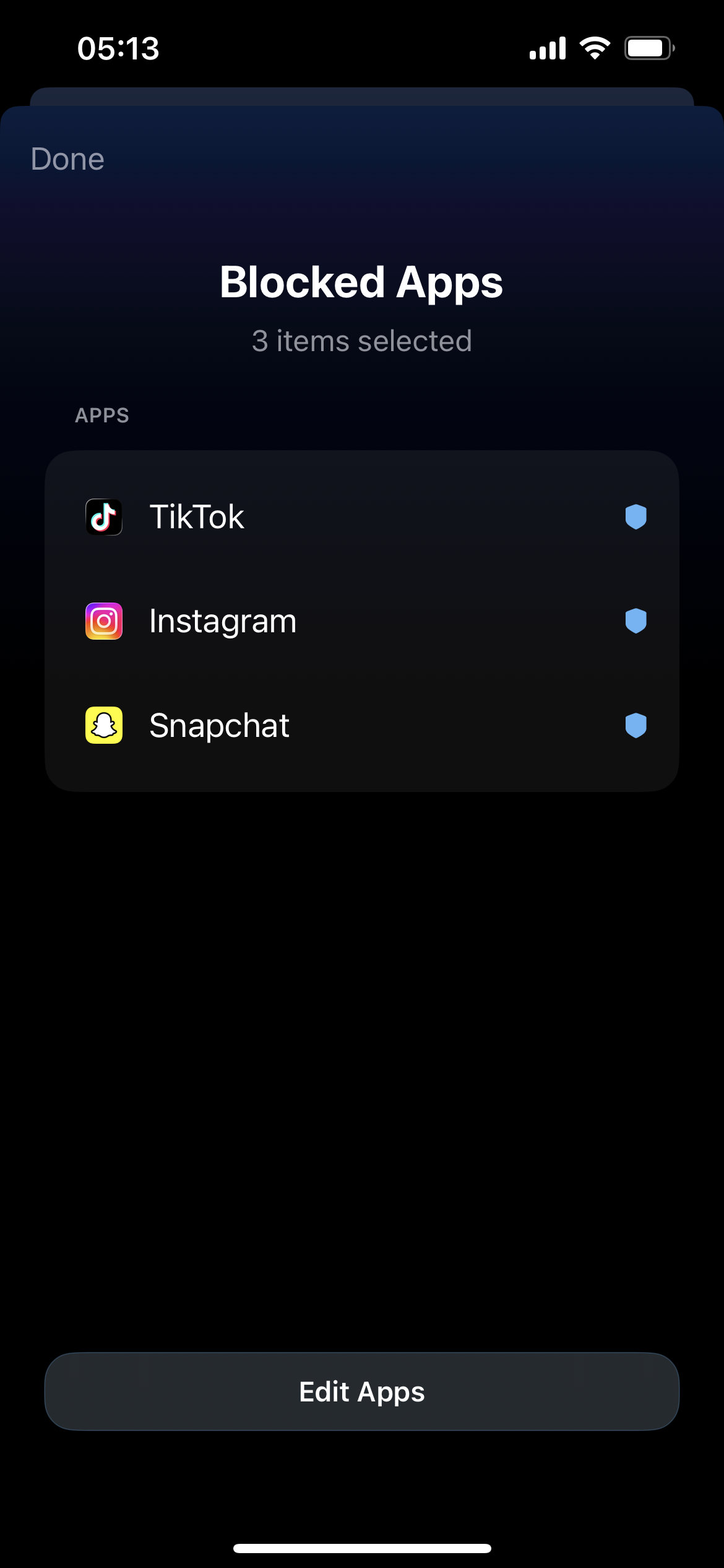 Nafs app — blocked apps selection