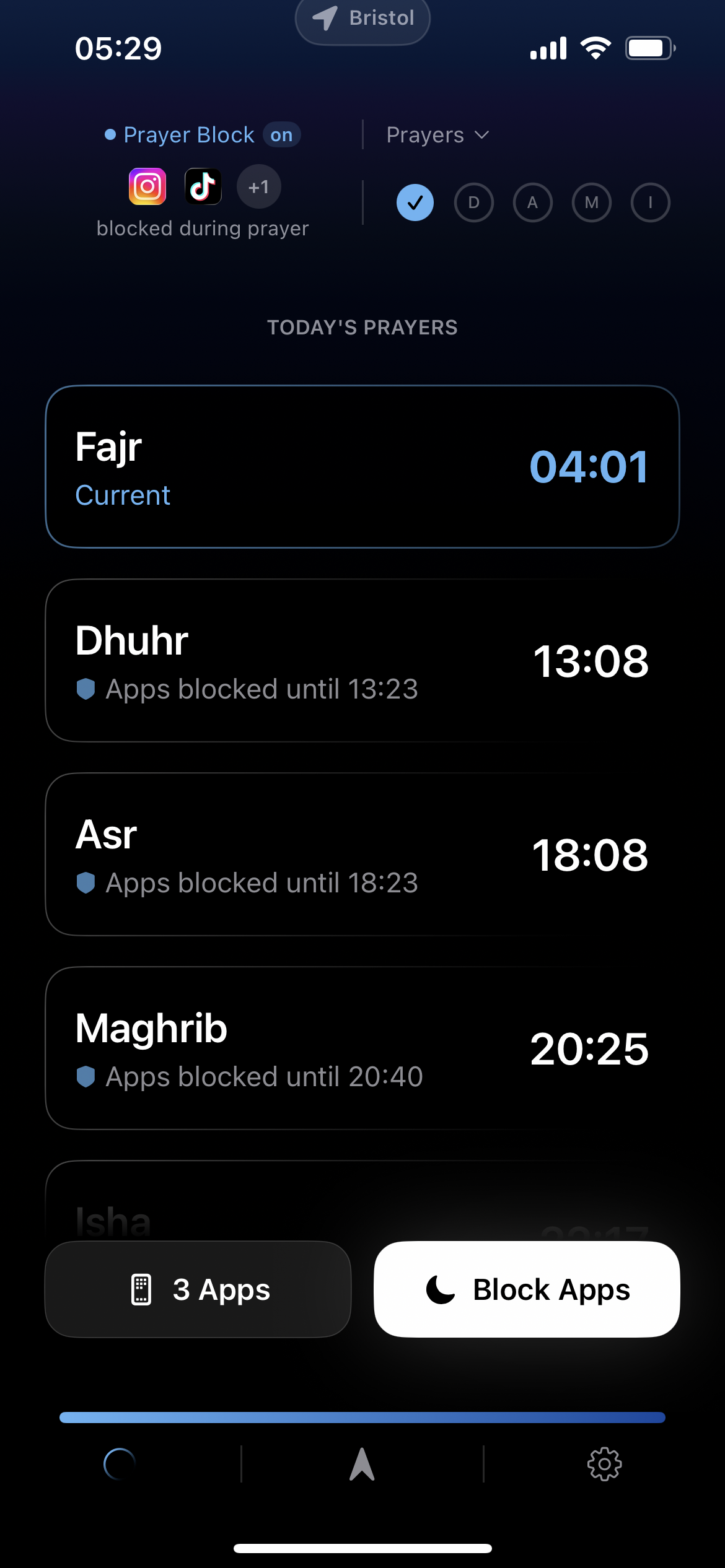 Nafs app — all prayer times