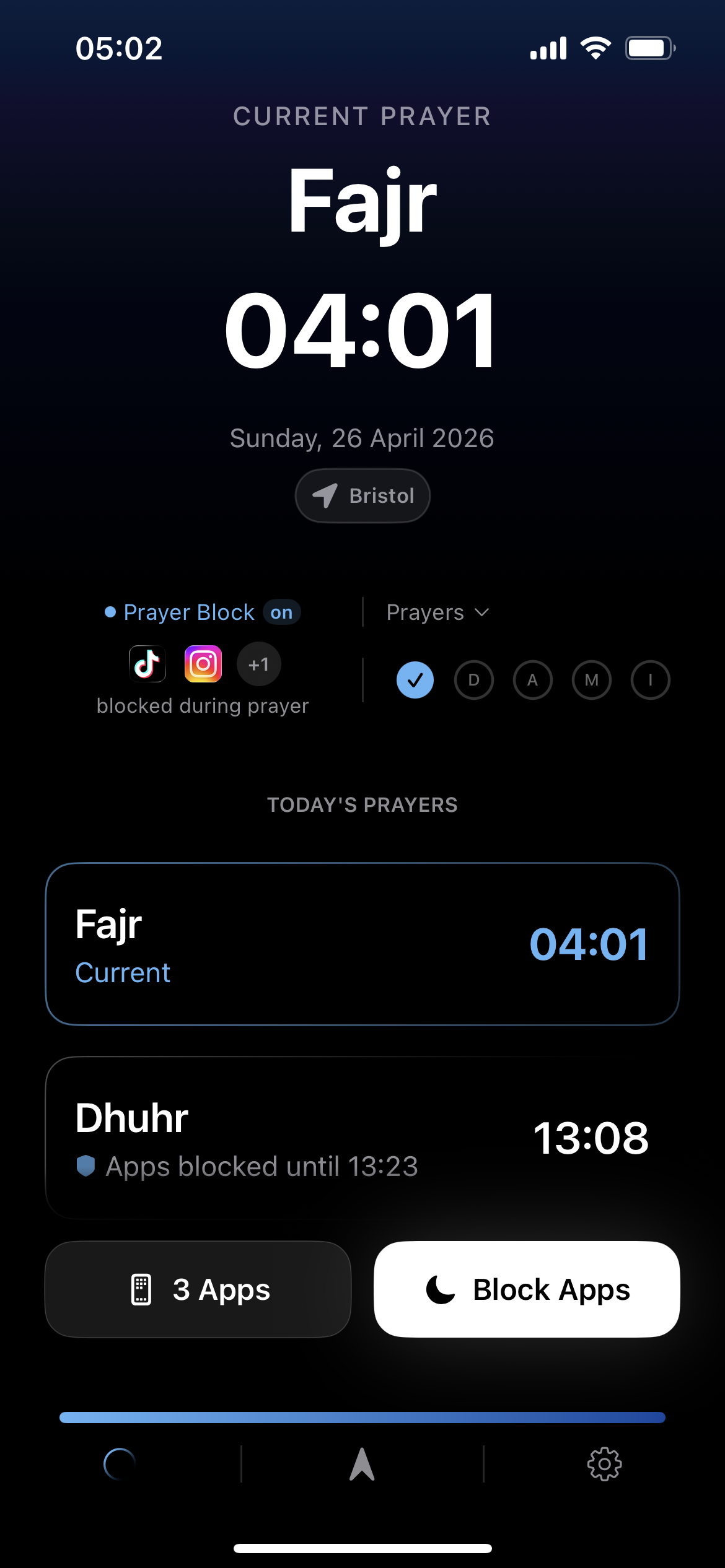 Nafs app — prayer times screen